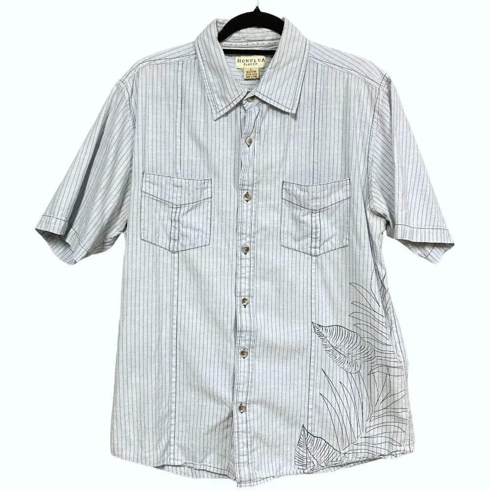 Honolua Surf Company Men's Shirt, Size‎ Large, Blue Vertical Pin Stripes, Floral